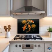 Koi Fish Glass Backsplash | Tempered UV Printed Kitchen Panel | Heat Resistant Wall Art with Lotus Flowers | Zen Home Decor by UVionArt