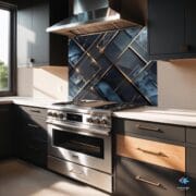 Geometric Marble Glass Backsplash | UV Printed Tempered Kitchen Panel | Gold & Navy Heat Resistant Stove Wall Art | Modern Decor - Image 4
