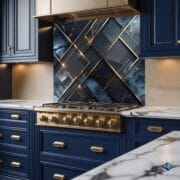 Geometric Marble Glass Backsplash | UV Printed Tempered Kitchen Panel | Gold & Navy Heat Resistant Stove Wall Art | Modern Decor - Image 3