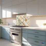 Pastel Marble Glass Backsplash | UV Printed Geometric Tempered Panel | Gold Line Kitchen Wall Art | Heat Resistant Modern Decor - Image 7