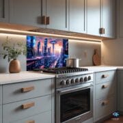 Futuristic City Glass Backsplash | UV Printed Tempered Panel for Kitchen | Sci-Fi Wall Art | Cyberpunk Heat Resistant Decor - Image 5