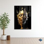 Golden Liquid Face Glass Wall Art | UV Printed Abstract Portrait | Luxury Tempered Glass Panel | Modern Bold Home Decor by UVionArt